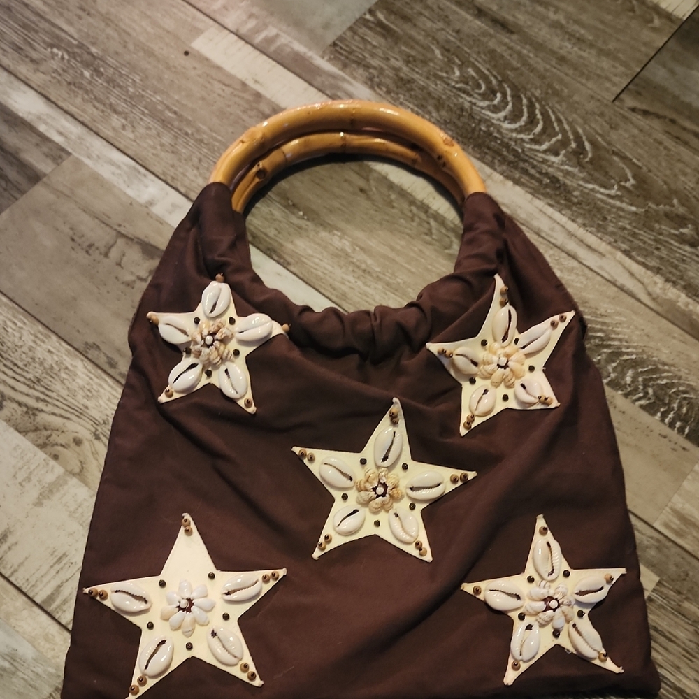 Star Embellished Brown Hobo Bag with Bamboo Handle